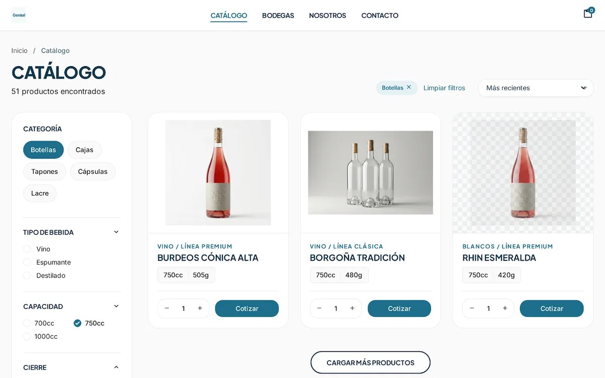 Catálogo de insumos con filtros — GENIAL Wine